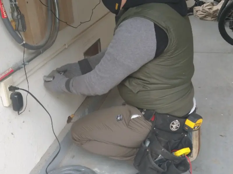 Electrician performing outlet wiring in a New Albany garage